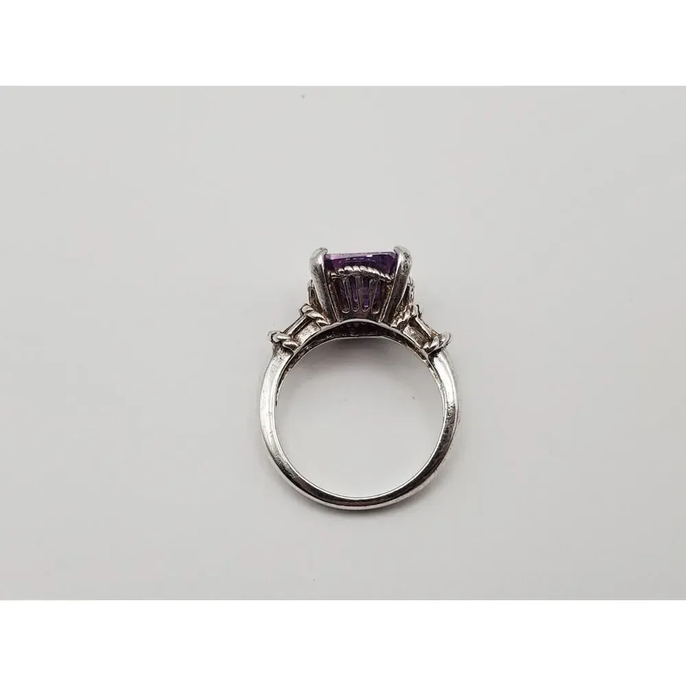 925 Sterling Silver Vintage Emerald-Cut Purple CZ Ring Size 8